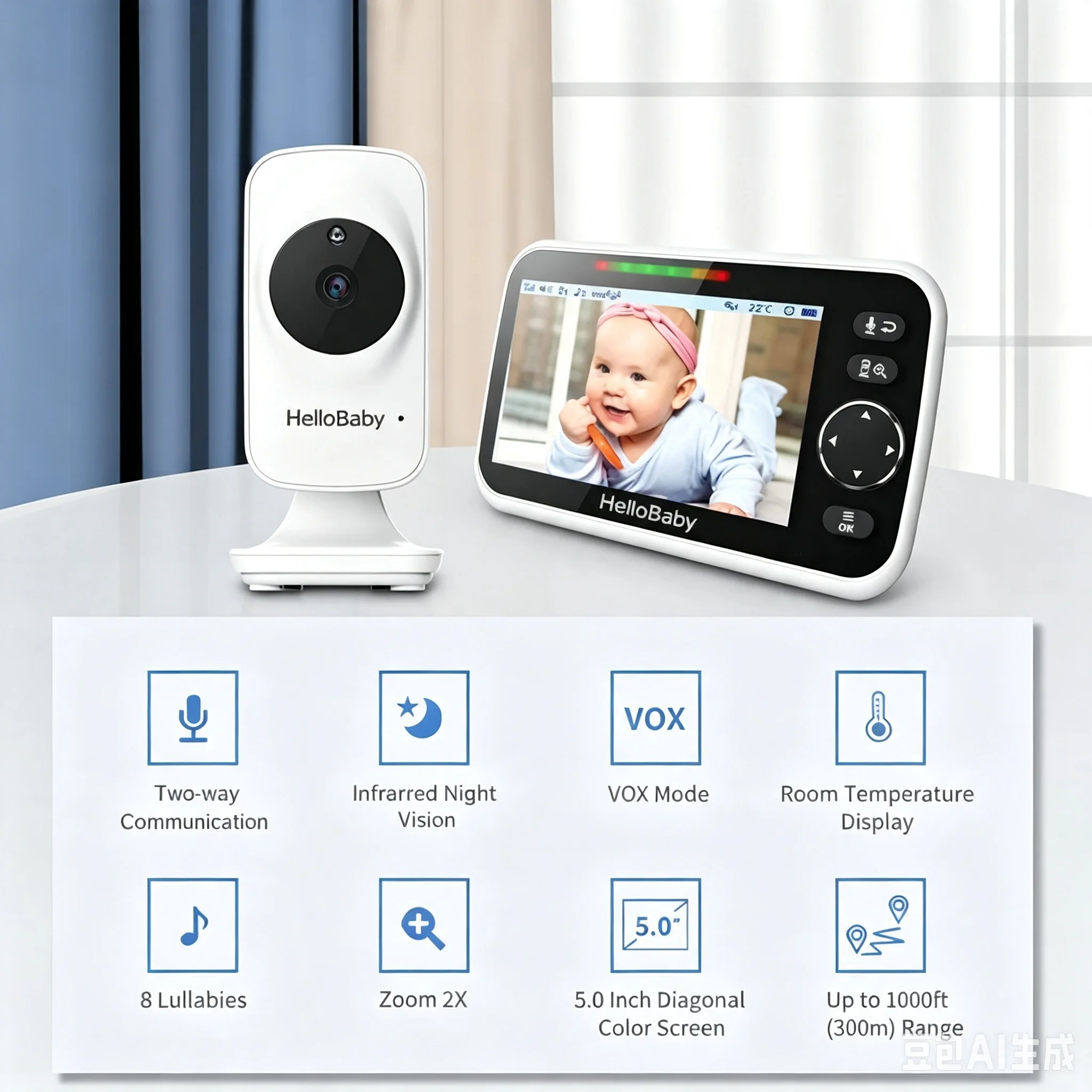 HelloBaby HB050 Baby Monitor, 5.0'' Diagonal Color Screen, Two-way Talk, - Image 2