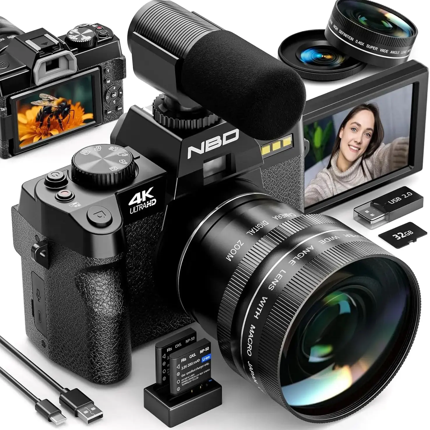 NBD 4K Digital Cameras for Photography,48MP Camera,Travel Vlogging Cameras with 16X Digital Zoom,180°Flip Screen,52mm Macro Lens - Image 4