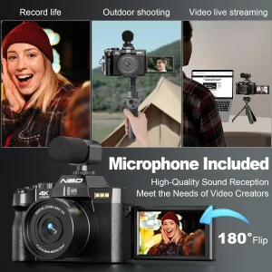 NBD 4K Digital Cameras for Photography,48MP Camera,Travel Vlogging Cameras with 16X Digital Zoom,180°Flip Screen,52mm Macro Lens - Thumbnail Image 3