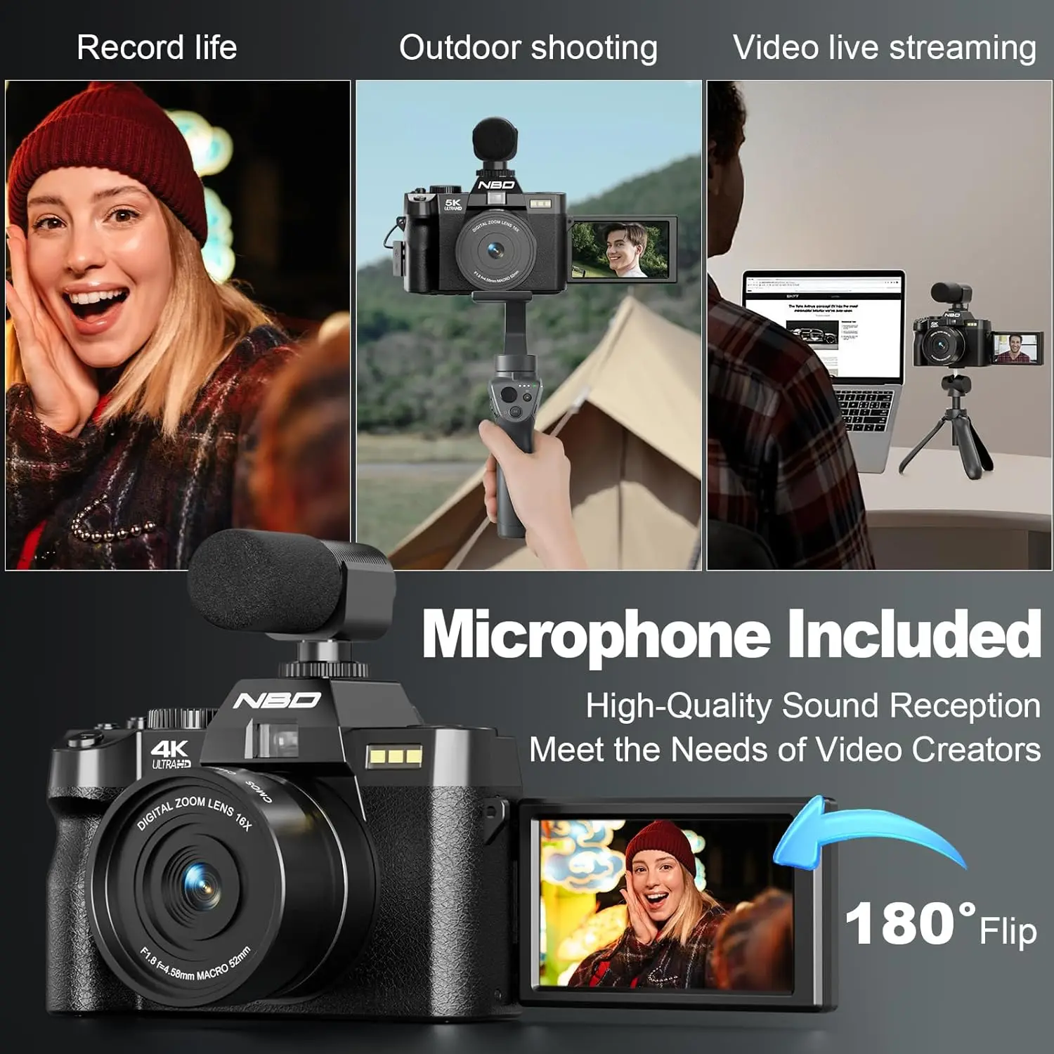 NBD 4K Digital Cameras for Photography,48MP Camera,Travel Vlogging Cameras with 16X Digital Zoom,180°Flip Screen,52mm Macro Lens - Image 3
