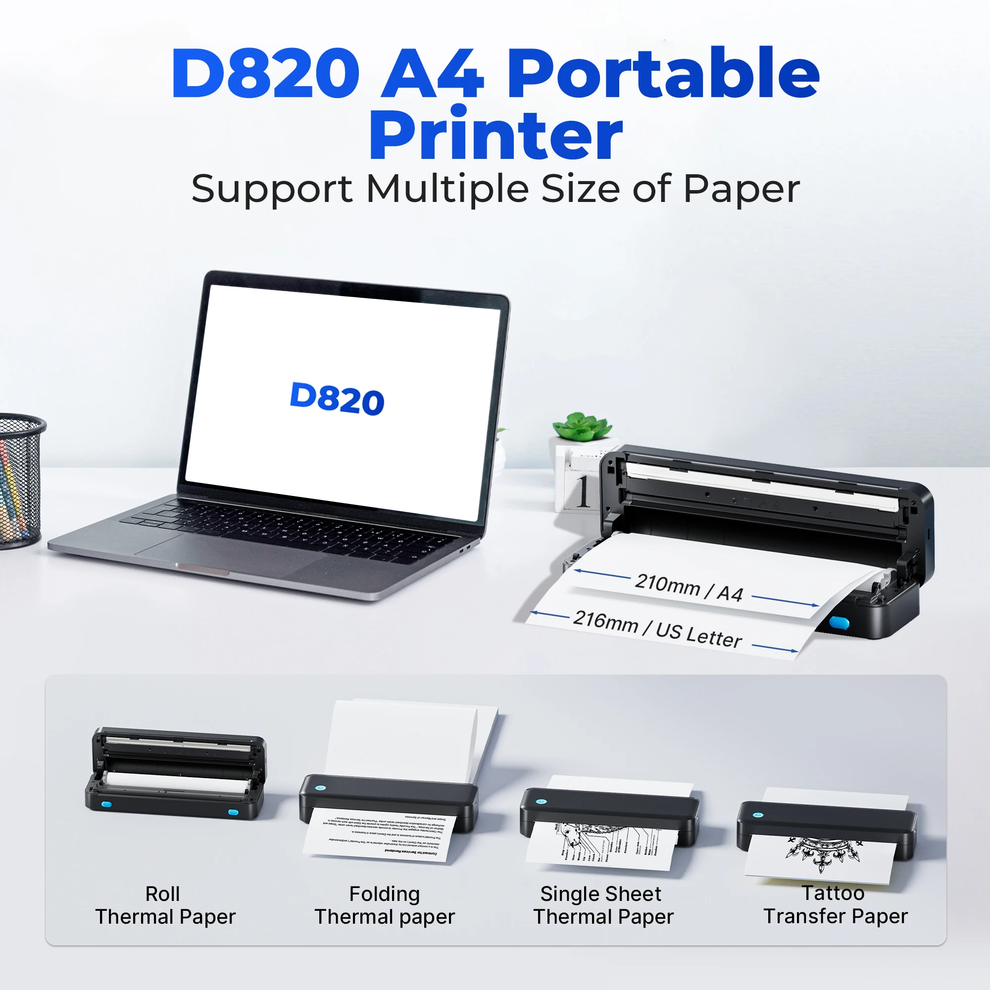 D820 Portable Thermal Printer, Inkless Thermal Printer - Image 3