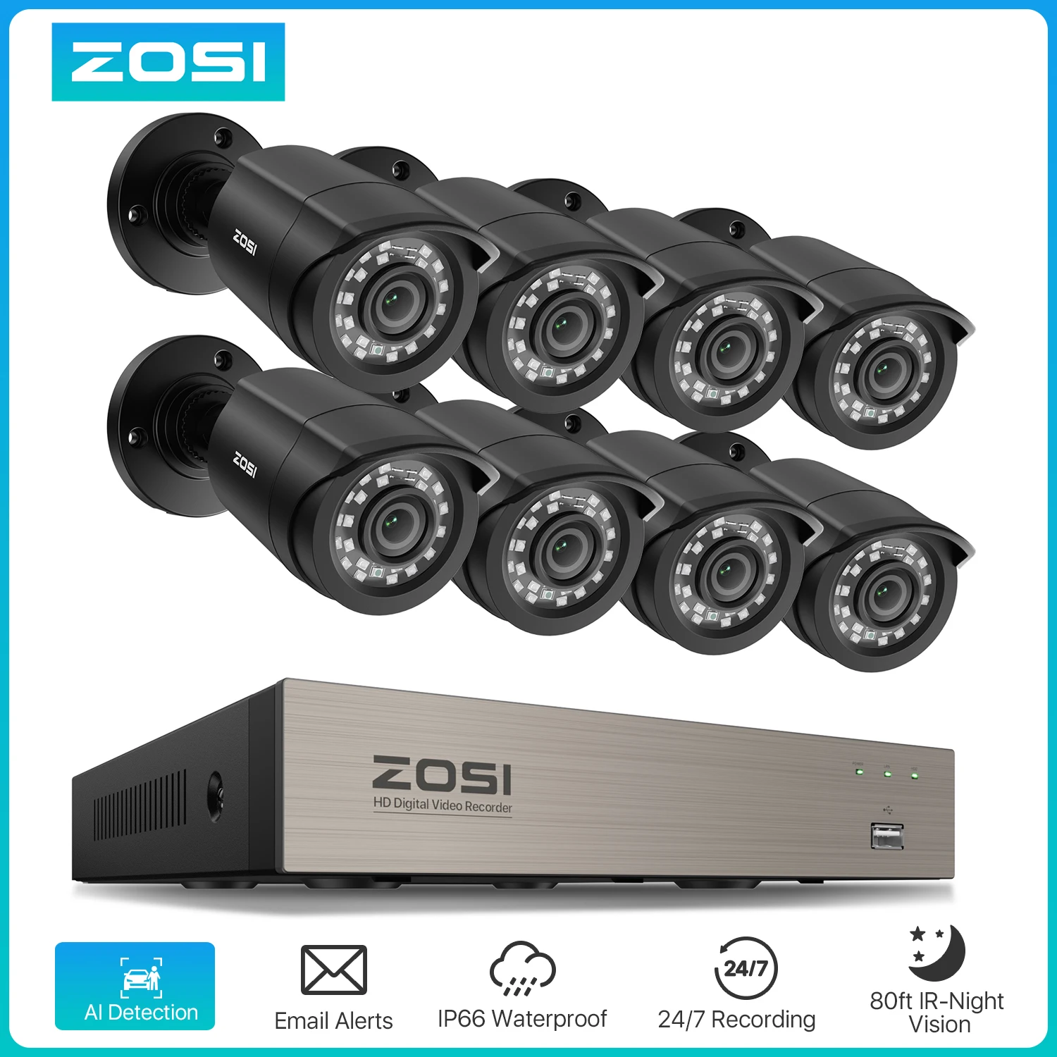 ZOSI 8CH CCTV System H.265+ 5MP Lite HD-TVI DVR Kit 8 1080p 2MP Home Security Outdoor Night Vision Camera Video Surveillance Kit - Image 1